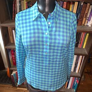 Vineyard Vines blue & teal checked split neck long sleeve 6 shirt